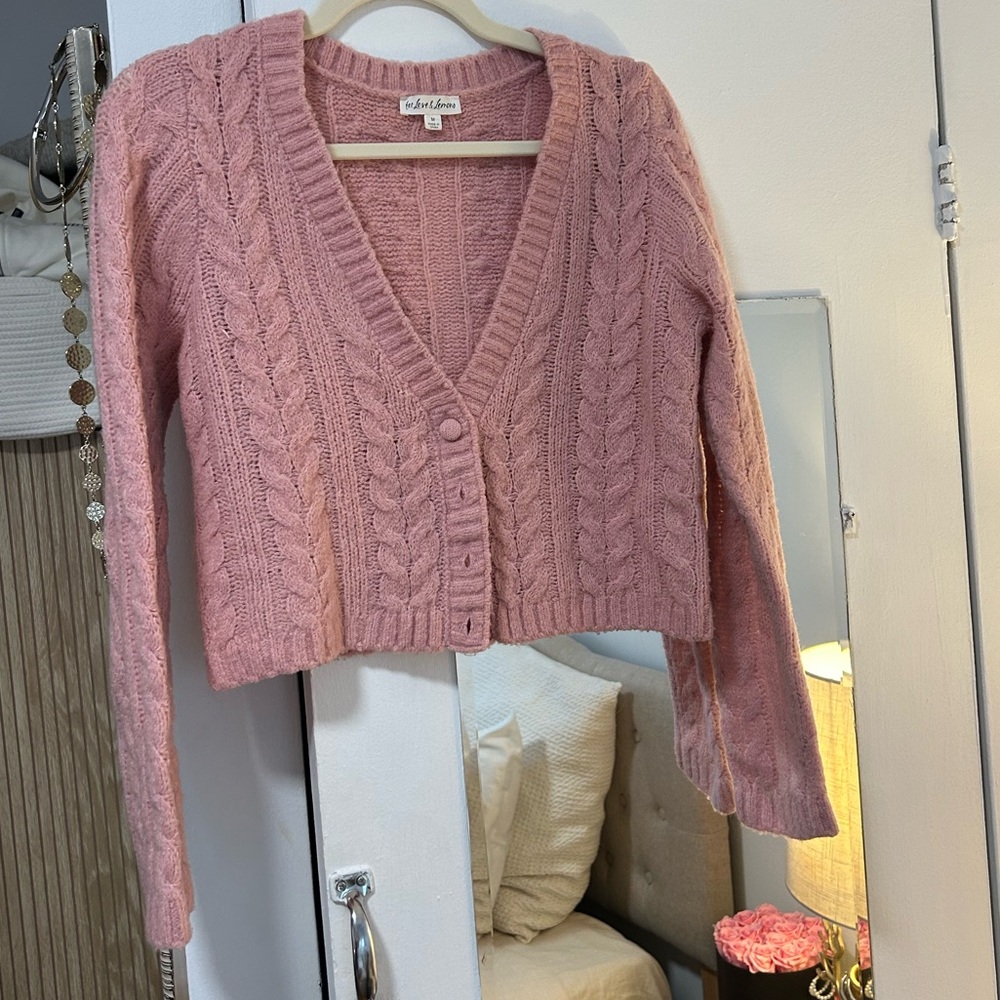 For Love & Lemons Pink Cable Knit V-Neck Cropped Cardigan Sweater